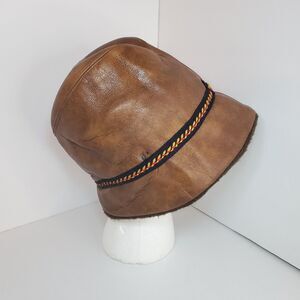 Vtg Brown Faux Leather And Fur Mens Bucket Fedora Sz Small